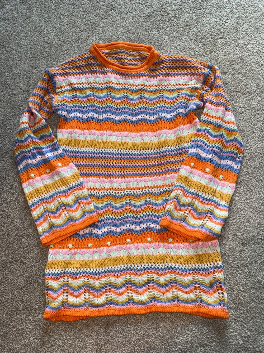 Multi‑Color Striped Crochet Sweater Dress - Orange, Pink, Blue & Yellow